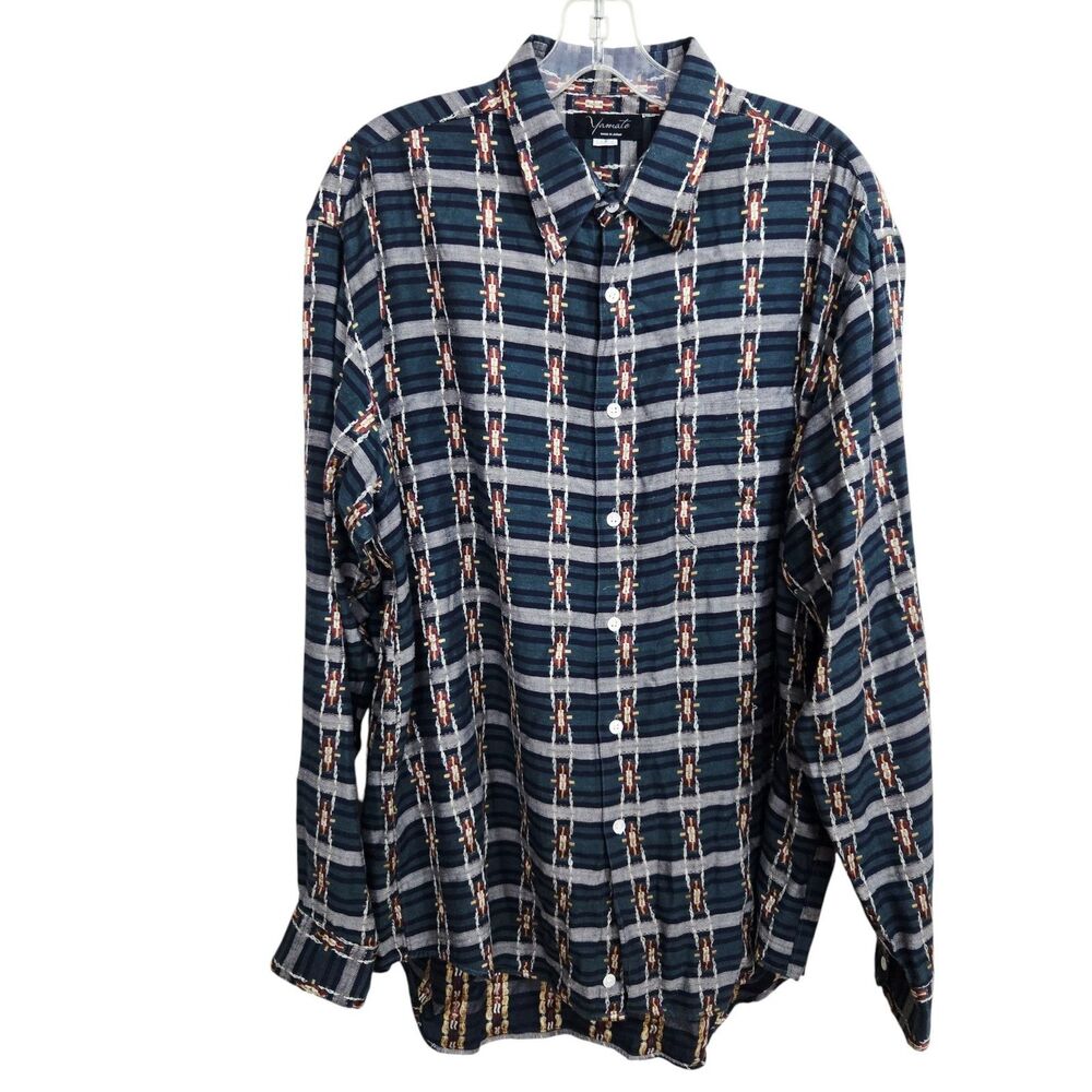 Yamato Shirt Mens Size L Japan Geometric Embroidered Green Burgundy Southwestern